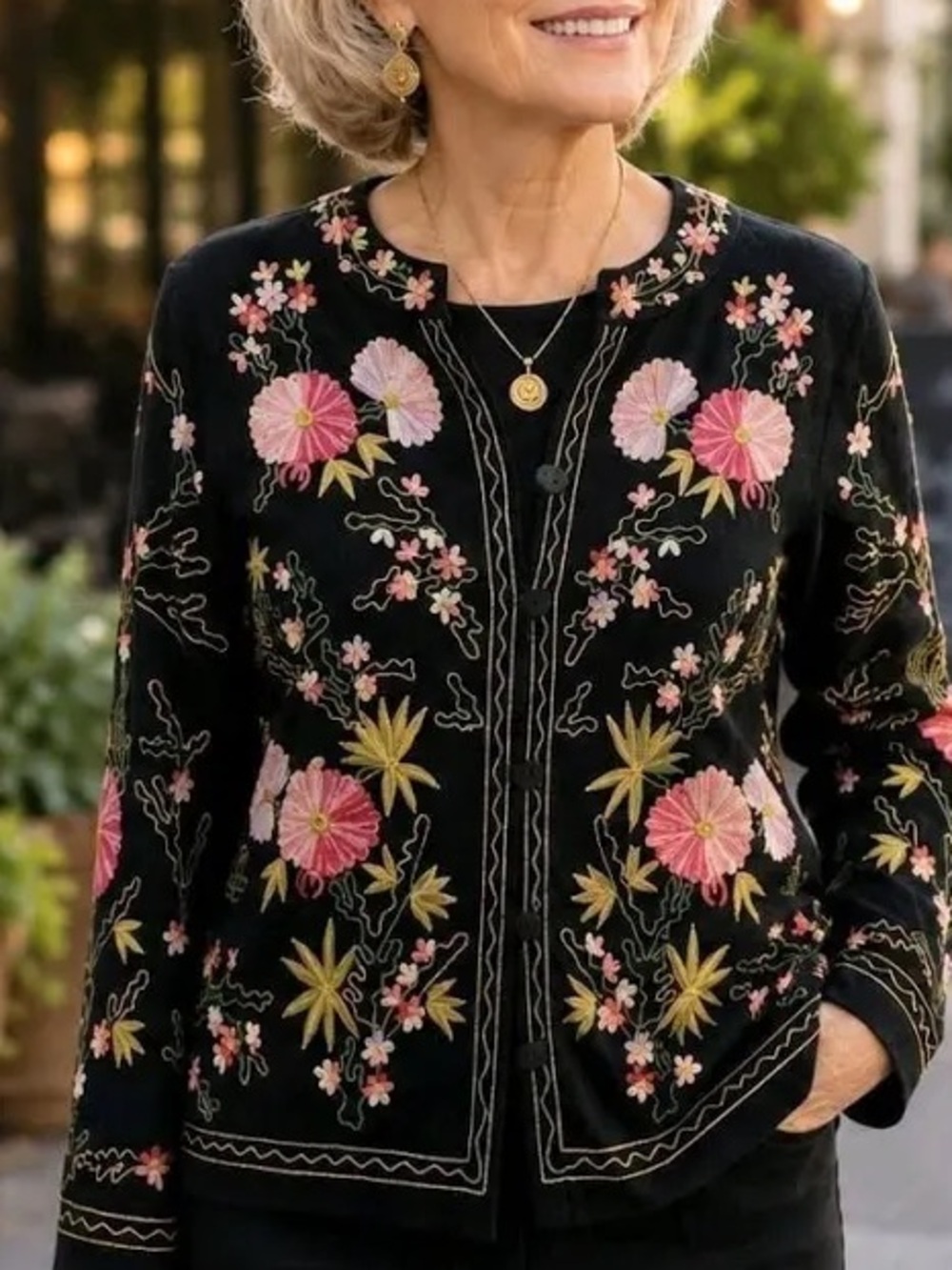 Bedford Fair Embroidered Floral Cardigan Jacket Black Cotton Flax Size MT